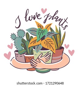 El amor por las plantas de la casa ilustración conceptual. Imagen de amante de la planta con las manos abrazando plantas, inscripciones y corazones.