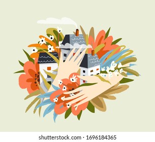 Love housing and accomodation female hands holding houses homes and flowers. Realty realtor and real estate concept. Flat vector illustration.