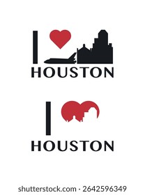 I love Houston vector art, badge, tag, icon, logo concept. USA, Texas state city landmarks and heart isolated image layout for print, image, card