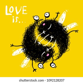 Love is Hugging Monsters. Fun hug funny flying insect personage in love. Vector illustration.