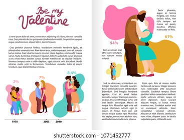 Love hugs infographics book pages with embraces of persons, information about interracial couples vector illustration