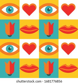 Love human geometric backgrround concept design. Seamless pattern with eyes, lips, hearts, tulip flowers. Contemporary art. Modern fashion creative style. Decorative mosaic poster.Vector illustration