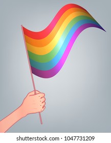 Love is Love. Human hand holding flag of LGBT community on flagstaff. Vector illustration in rainbow color for sticker,  greeting card, poster, patch, t-shirt, pin.