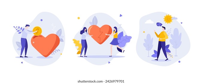 Love and human mental health flat concept vector illustrations set. Positive thinking and healthy relationship cartoon composition. Psychology for everyday idea for website, mobile, presentation