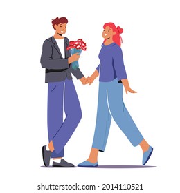 Love, Human Relation, Couple Dating. Man Give Present to Girlfriend. Cute Surprised Girl Happy to Get Flowers Bouquet from Boyfriend for Valentine Day Holiday. Cartoon People Vector Illustration