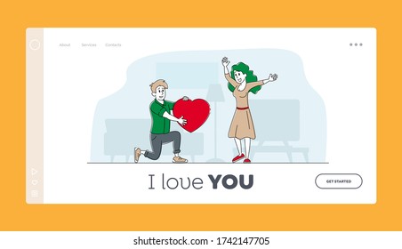 Love, Human Relations, Surprise Landing Page Template. Loving Boyfriend Character Presenting Huge Heart to Girlfriend Standing on Knee. Man Make Proposal to Woman. Linear People Vector Illustration