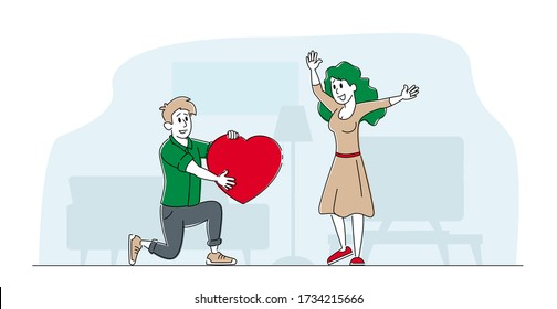 Love, Human Relations, Surprise. Loving Boyfriend Character Presenting Huge Heart to Girlfriend Standing on Knee. Man Make Proposal to Woman on Happy Valentines Day. Linear People Vector Illustration