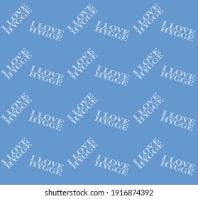 I Love Hygge seamless vector pattern on a blue background