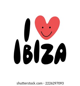 I love Ibiza lettering groovy trendy text. Hippy typography bright chill type print. 70s retro festival inspiration positive inscription. Perfect for posters, t shirt and more. Vector clipart