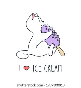 I love ice cream. Cute illustration of a funny white cat eating a purple glazed ice cream on stick. Vector 8 EPS.