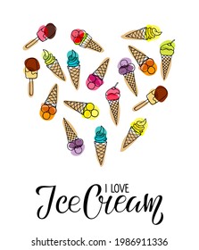 I love Ice Cream text with heart. Ice Cream cones sketch isolated and Hand written lettering. Sweet lovers phrase. Frozen dessert. Inscription for poster, menu, t-shirt design, greeting card