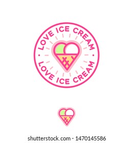 Love ice cream in waffle cone icon. Two  scoops of Ice cream as a heart on badge. Gelateria emblem.