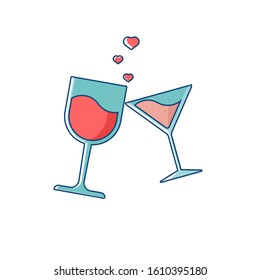 Love icon with clinking glasses. Romantic elements of wine and drink glasses. Valentines day sticker with symbols of cheers and romantic dating. Vector illusutration in flat design