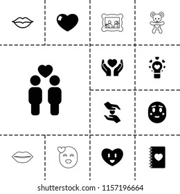 Love icon. collection of 13 love filled and outline icons such as hands holding heart, gay couple, notebook with heart, shy emoji. editable love icons for web and mobile.