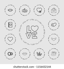 Love icon. collection of 13 love outline icons such as baby basket, heart, add favorite, notebook with heart, rings. editable love icons for web and mobile.