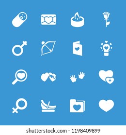 Love icon. collection of 16 love filled icons such as baby hands, rose, male, candle, female, baby basket, heart, heart search. editable love icons for web and mobile.