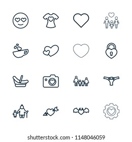 Love icon. collection of 16 love outline icons such as baby basket, heart, family, old woman and child. editable love icons for web and mobile.