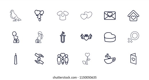 Love icon. collection of 18 love outline icons such as hands holding heart, family, heart angel wings, pregnant woman, candle, dove. editable love icons for web and mobile.