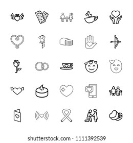 Love icon. collection of 25 love outline icons such as heart with wings, bow, marriage proposal, old couple, heart on hand, bandage. editable love icons for web and mobile.