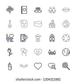 Love icon. collection of 25 love outline icons such as heart, sleeping emot, family, bouquet, lollipop, heart search, women couple. editable love icons for web and mobile.