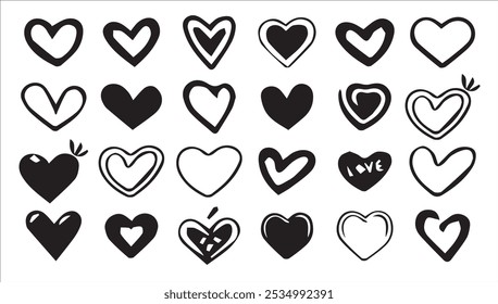 Love icon Collection of different black heart illustrations, Vector symbol icon set. Hand drawn hearts. illustration design. eps 10.