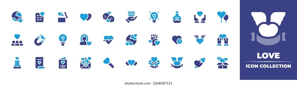 Love icon collection. Duotone color. Vector illustration. Containing mother earth day, wishlist, gift, hearts, chat, love, love potion, tolerance, attraction, idea, women rights, heart rate, heart.