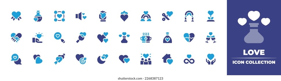 Love icon collection. Duotone color. Vector illustration. Containing love, love potion, love songs, passion, rainbow, broken heart, wedding arch, flower, dopamine, mugs, sac, heart, toast, chat.