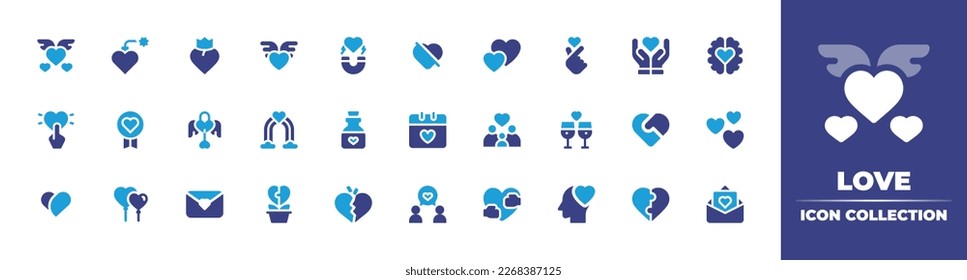 Love icon collection. Duotone color. Vector illustration. Containing hearts, exploding, crown, heart, magnetic, no love, kpop, value, emotion, donate, recognition, key lock, rainbow, potion, romantic.