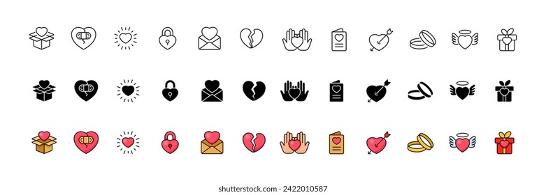 Love icon collection. Heart set. Linear, silhouette and flat style. Vector icons