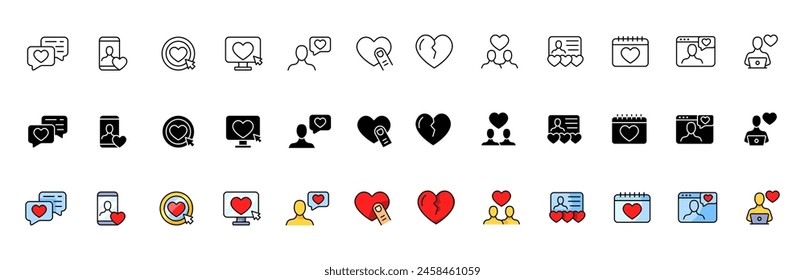 Icono de amor colección. Colección de iconos de mensajería de amor. Lineal, silueta y estilo plano. Iconos vectoriales