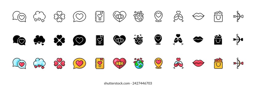 Love icon collection. Love set. Linear, silhouette and flat style. Vector icons