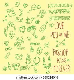 Love icon doodle set. Passion, Kiss, Forever signs. Vector illustration