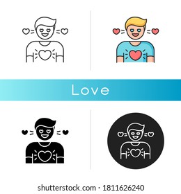Love icon. Feeling of strong affection, emotional attachment, passion. Romantic relationship, Valentine day. Linear black and RGB color styles. Person in love isolated vector illustrations