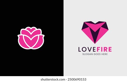 Love icon, fire love logo red rose design romance couple heart sample valentine leaf love