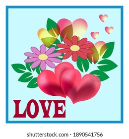 Love icon. Flowers, hearts and lettering. Romantic symbol linked, join, love, passion and wedding. Template for t shirt, apparel, card, poster, valentine day, etc. Design element. Vector illustration
