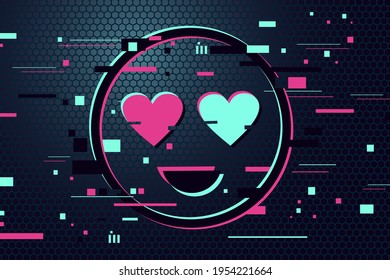 Love icon. Glitch style vector background with cartoon face. Neon color face with hearts in the eyes. Gamer illustration.