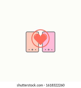 Love icon with heart on phone. Romantic element of love message. Valentines day sticker with symbols of romantic message. Vector illustration in flat design