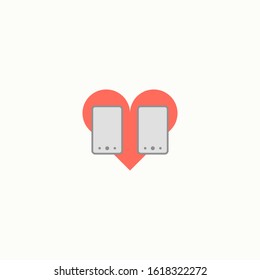Love icon with heart on phone. Romantic element of love message. Valentines day sticker with symbols of romantic message. Vector illustration in flat design