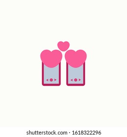 Love icon with heart on phone. Romantic element of love message. Valentines day sticker with symbols of romantic message. Vector illustration in flat design