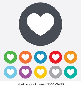 Love icon. Heart sign symbol. Round colourful 11 buttons. Vector