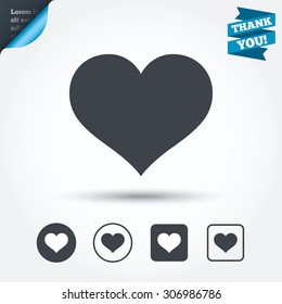 Love icon. Heart sign symbol. Circle and square buttons. Flat design set. Thank you ribbon. Vector