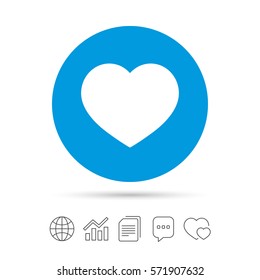 Love icon. Heart sign symbol. Copy files, chat speech bubble and chart web icons. Vector