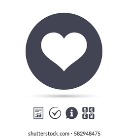 Love icon. Heart sign symbol. Report document, information and check tick icons. Currency exchange. Vector