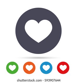 Love icon. Heart sign symbol. Round colourful buttons with flat icons. Vector