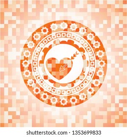 love icon inside abstract emblem, orange mosaic background