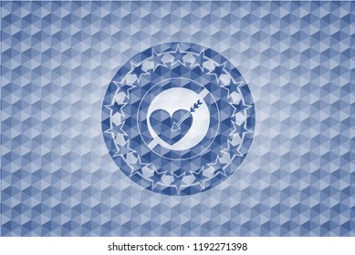 love icon inside blue emblem or badge with geometric pattern background.