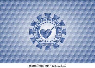 love icon inside blue emblem with geometric pattern.