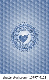 love icon inside blue emblem or badge with abstract geometric pattern background.