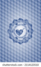 love icon inside blue emblem with geometric pattern. 