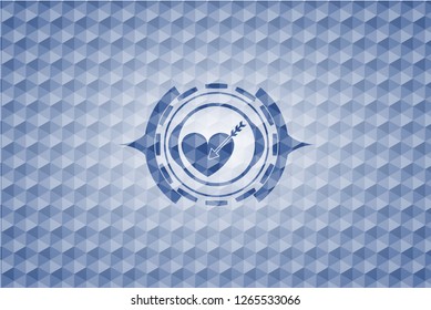 love icon inside blue polygonal badge.